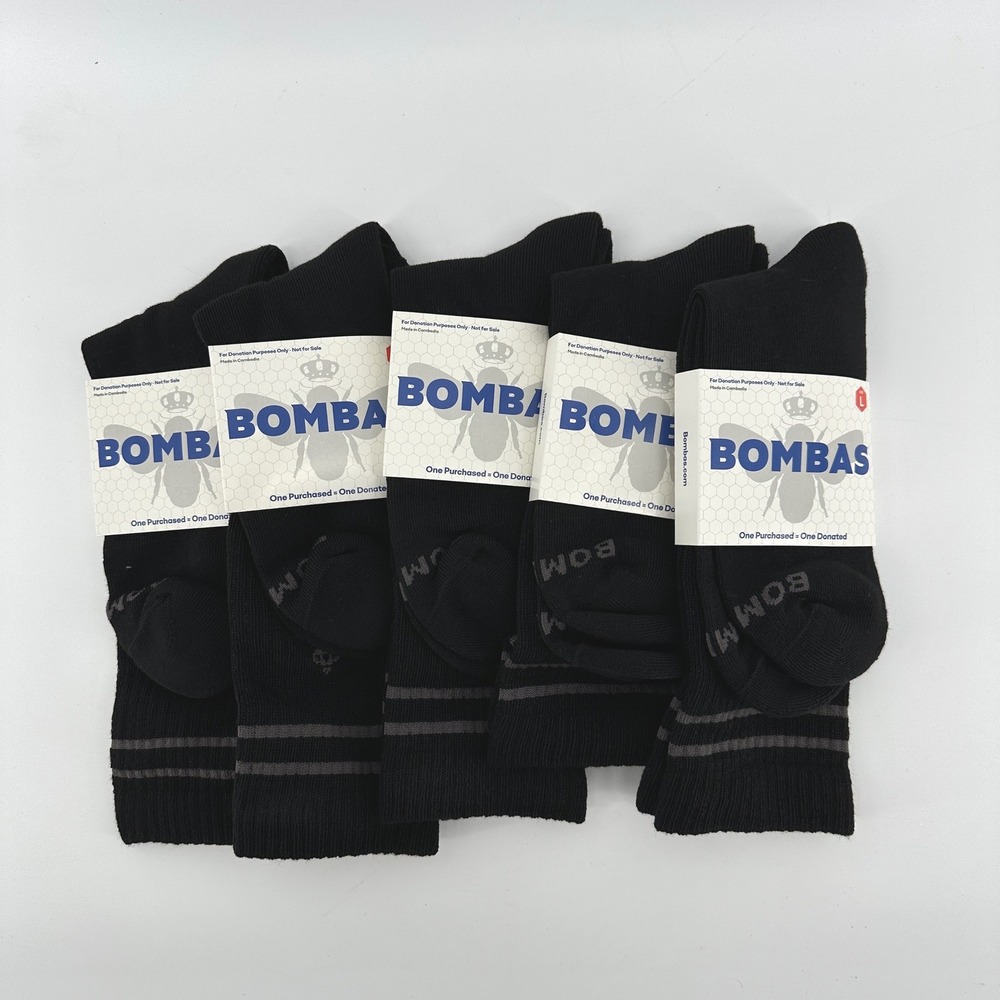 Bombas Black Crew Socks 5 Pair Pack Size Large Honeycomb Arch Support New